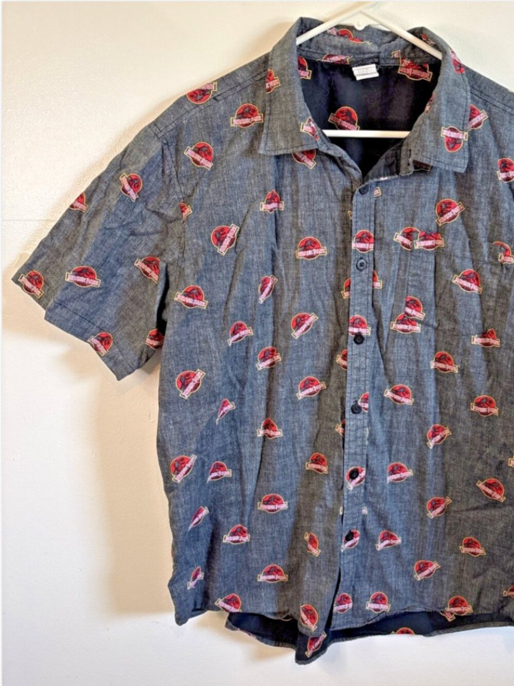 Jurassic Park Printed Button Up Short Sleeve Collared Shirt Teens XL